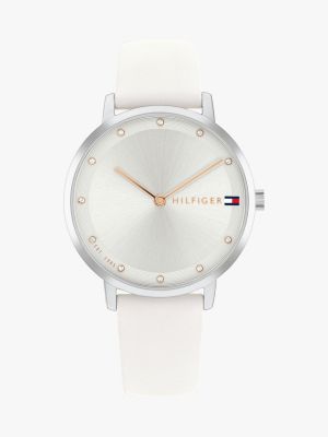 Silver White Dial Leather Strap Watch