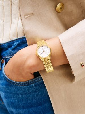 goud verguld horloge met witte wijzerplaat voor dames - tommy hilfiger