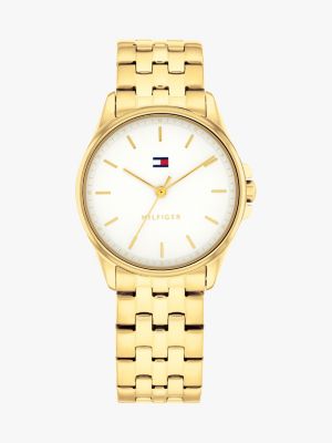 gold ionic gold-plated white dial bracelet watch for women tommy hilfiger