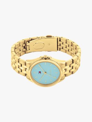 goud verguld horloge met blauwe wijzerplaat voor dames - tommy hilfiger