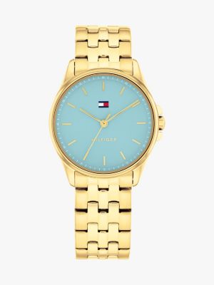 gold verguld horloge met blauwe wijzerplaat voor dames - tommy hilfiger