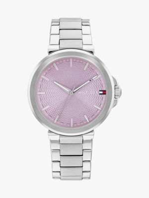 silver lavender dial stainless steel chain-link watch for women tommy hilfiger