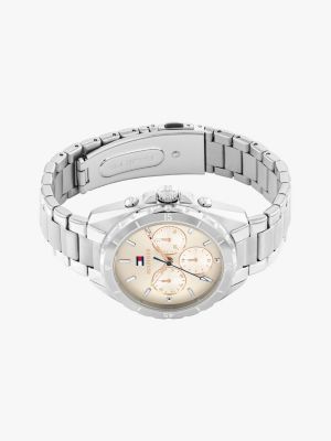 reloj con esfera marrón claro y subesferas plata de mujeres tommy hilfiger