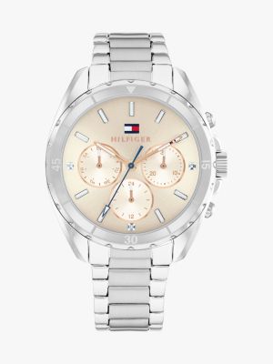 silver horloge met taupekleurige wijzerplaat voor dames - tommy hilfiger