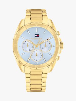 goud verguld horloge met blauwe wijzerplaat voor dames - tommy hilfiger