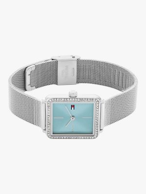 silver blue dial crystal-embellished mesh strap watch for women tommy hilfiger