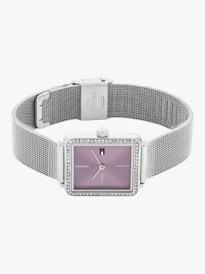 silver lavender dial crystal-embellished mesh strap watch for women tommy hilfiger