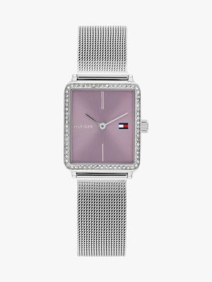 silver lavender dial crystal-embellished mesh strap watch for women tommy hilfiger