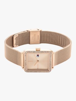 gold carnation gold-plated crystal-embellished mesh strap watch for women tommy hilfiger