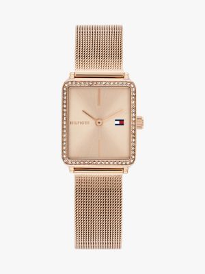 gold carnation gold-plated crystal-embellished mesh strap watch for women tommy hilfiger