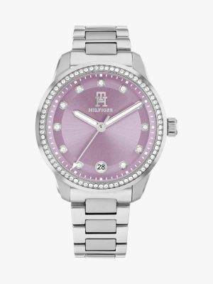 silver th monogram lavender dial bracelet watch for women tommy hilfiger