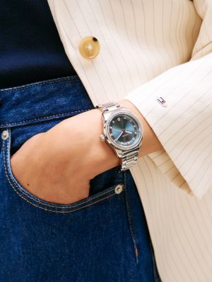 silver uhr mit blauem zifferblatt und th-monogramm für damen - tommy hilfiger