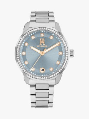 silver th monogram blue dial bracelet watch for women tommy hilfiger