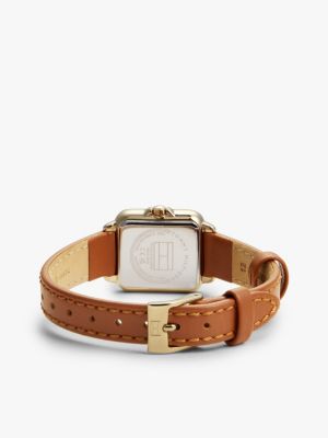 beige rectangular dial leather strap gold-plated watch for women tommy hilfiger