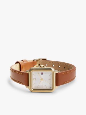 beige rectangular dial leather strap gold-plated watch for women tommy hilfiger
