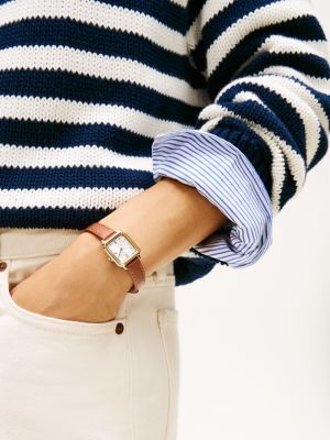 beige rectangular dial leather strap gold-plated watch for women tommy hilfiger