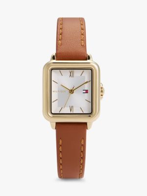 beige rectangular dial leather strap gold-plated watch for women tommy hilfiger