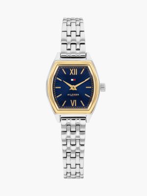 silver square blue dial stainless steel chain-link watch for women tommy hilfiger