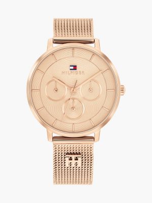 gold uhr mit th-monogramm und rosévergoldetem mesh-armband für damen - tommy hilfiger