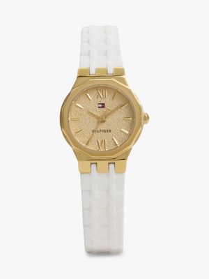 white white silicone strap gold-plated watch for women tommy hilfiger
