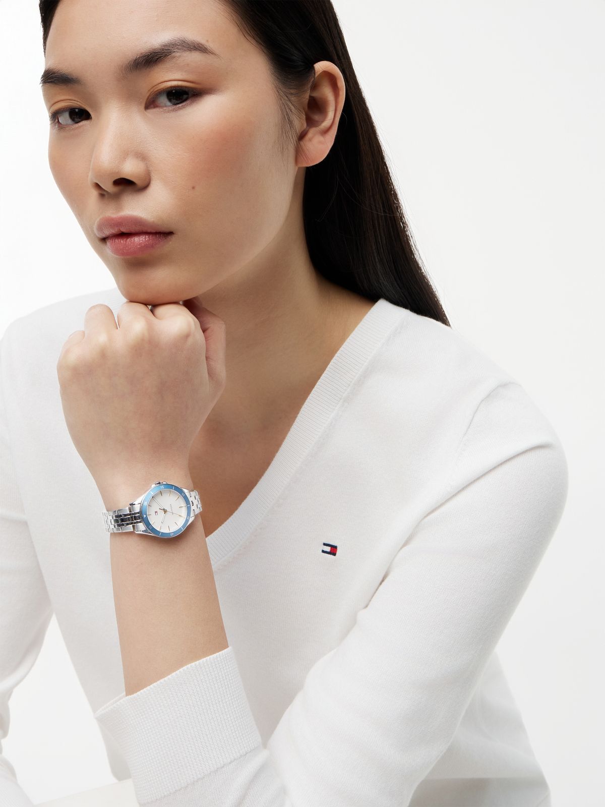 Blue Bezel White Dial Chain-Link Watch — Silver