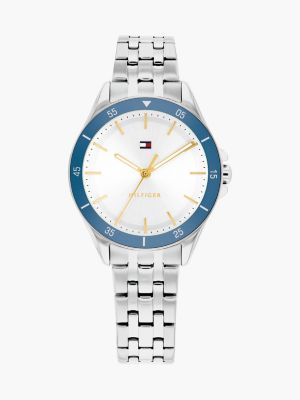 silver blue bezel white dial chain-link watch for women tommy hilfiger