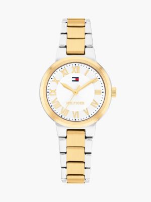 multi verguld tweekleurig horloge met schakelband voor dames - tommy hilfiger