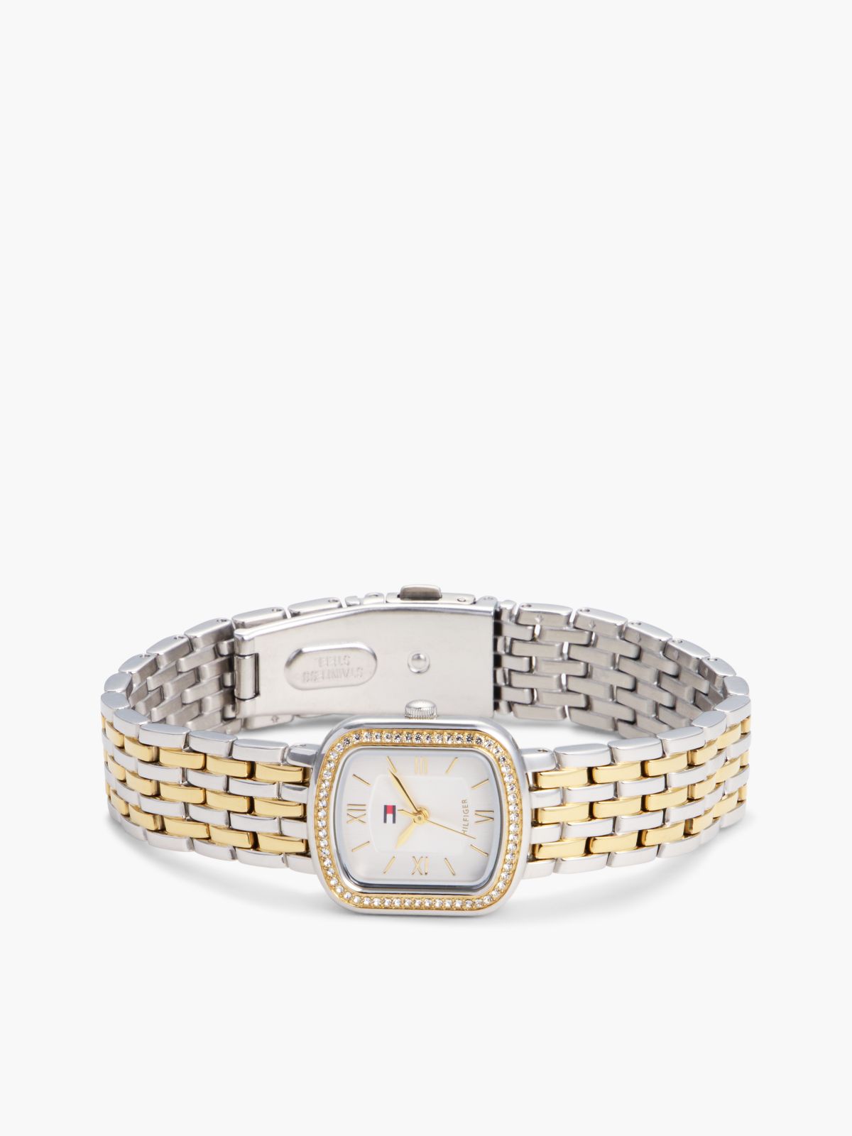 Crystal Bezel Two-Tone Rectangular Dial Watch — Multi