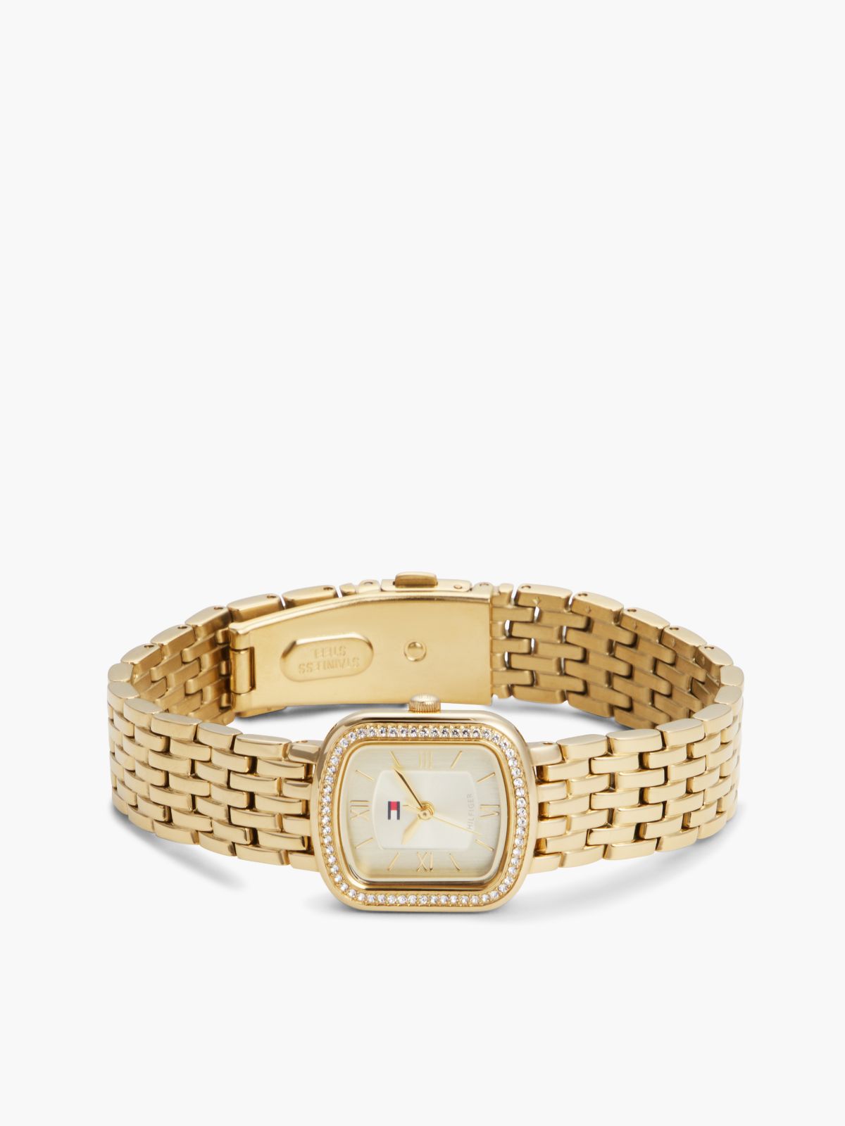 Crystal Bezel Gold-Plated Rectangular Dial Watch — Gold
