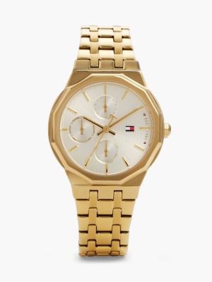 gold geometric bezel gold-plated stainless steel watch for women tommy hilfiger