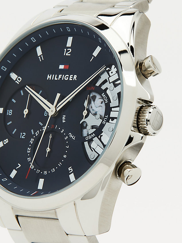 silver edelstahl-armbanduhr mit blauem zifferblatt für herren - tommy hilfiger