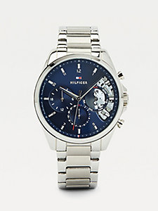 silver edelstahl-armbanduhr mit blauem zifferblatt für men - tommy hilfiger