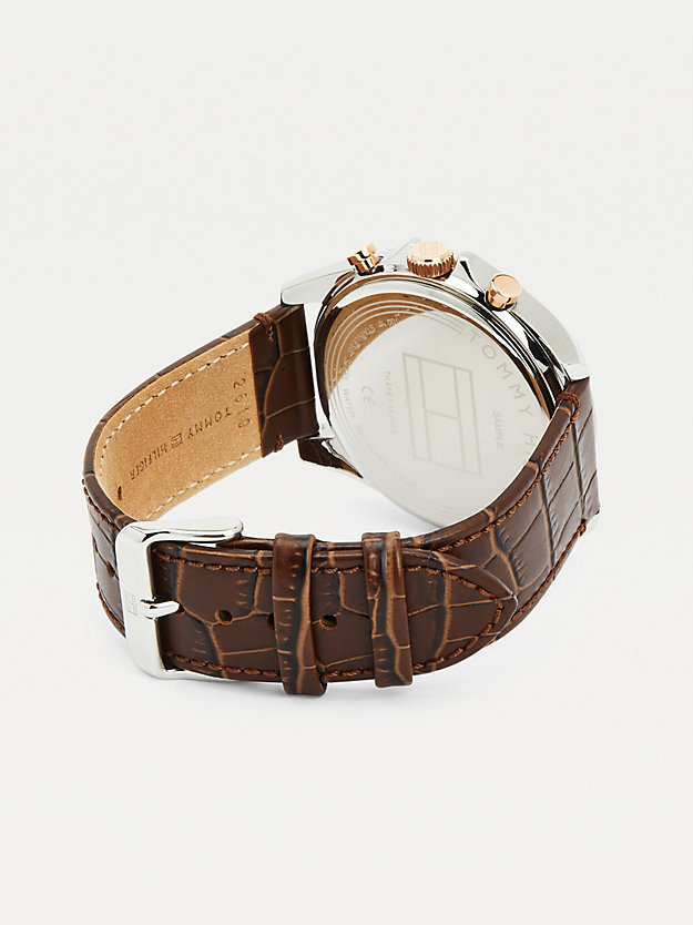 brown brown croco-print leather watch for men tommy hilfiger