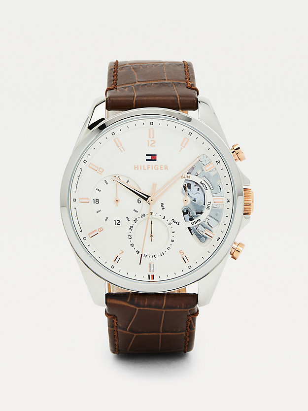 brown brown croco-print leather watch for men tommy hilfiger