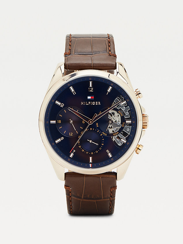brown carnation gold-plated steel leather strap watch for men tommy hilfiger