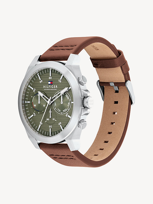 silver brown leather strap green dial watch for men tommy hilfiger