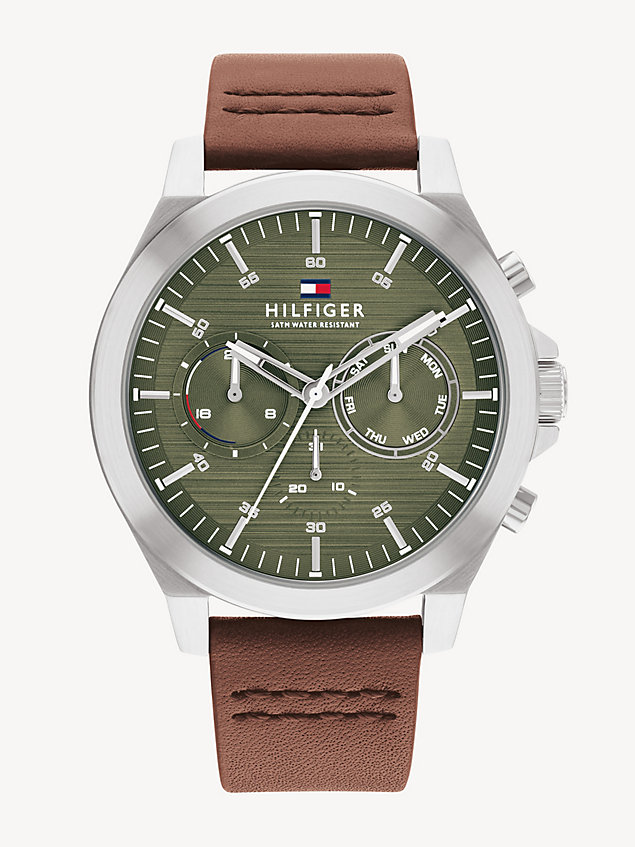 silver brown leather strap green dial watch for men tommy hilfiger