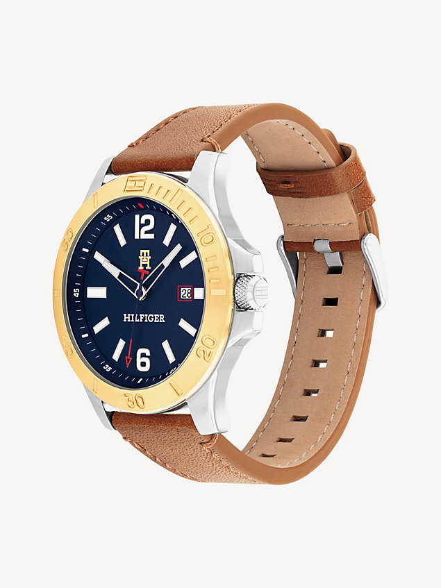 multi navy dial brown leather strap watch for men tommy hilfiger