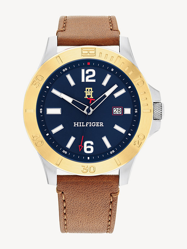 multi navy dial brown leather strap watch for men tommy hilfiger