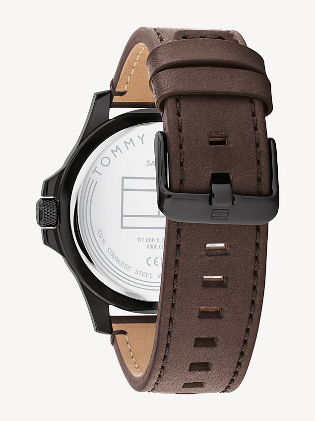 black black dial brown leather strap watch for men tommy hilfiger