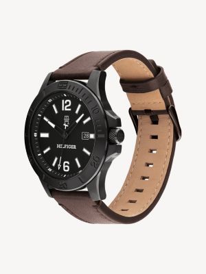 Black face watch on sale brown leather band