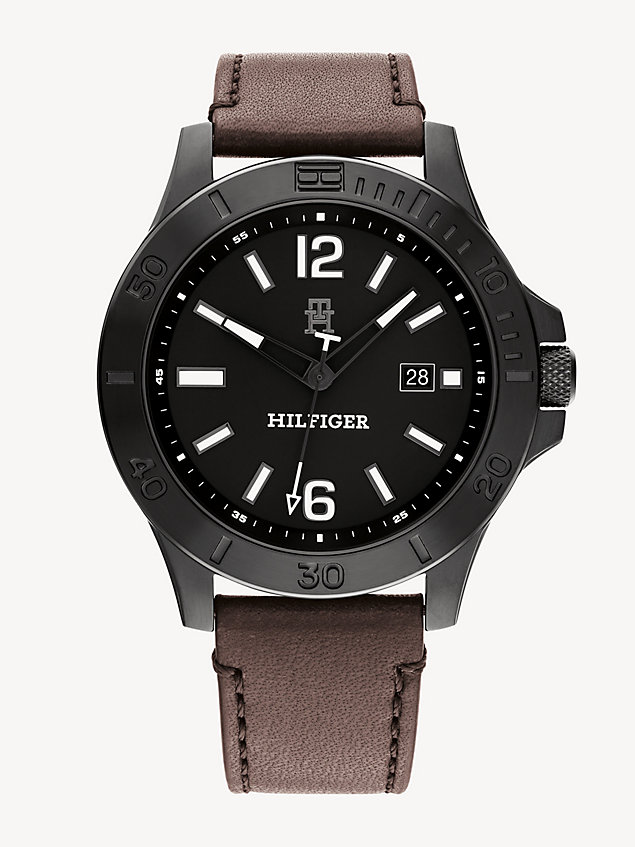 black leder-armbanduhr mit schwarzem zifferblatt für herren - tommy hilfiger
