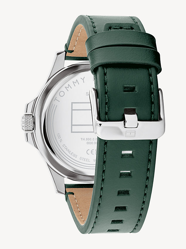 silver black dial green leather strap watch for men tommy hilfiger