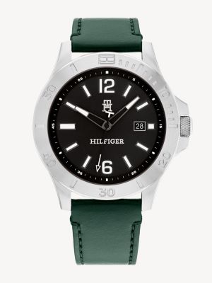 Black Dial Green Leather Strap Watch Silver Tommy Hilfiger