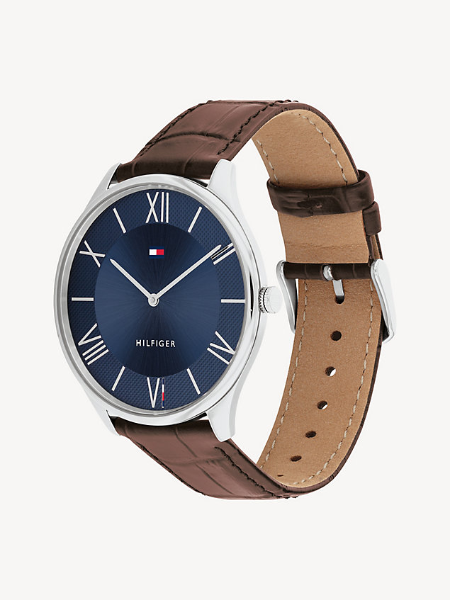 silver navy dial brown leather strap watch for men tommy hilfiger