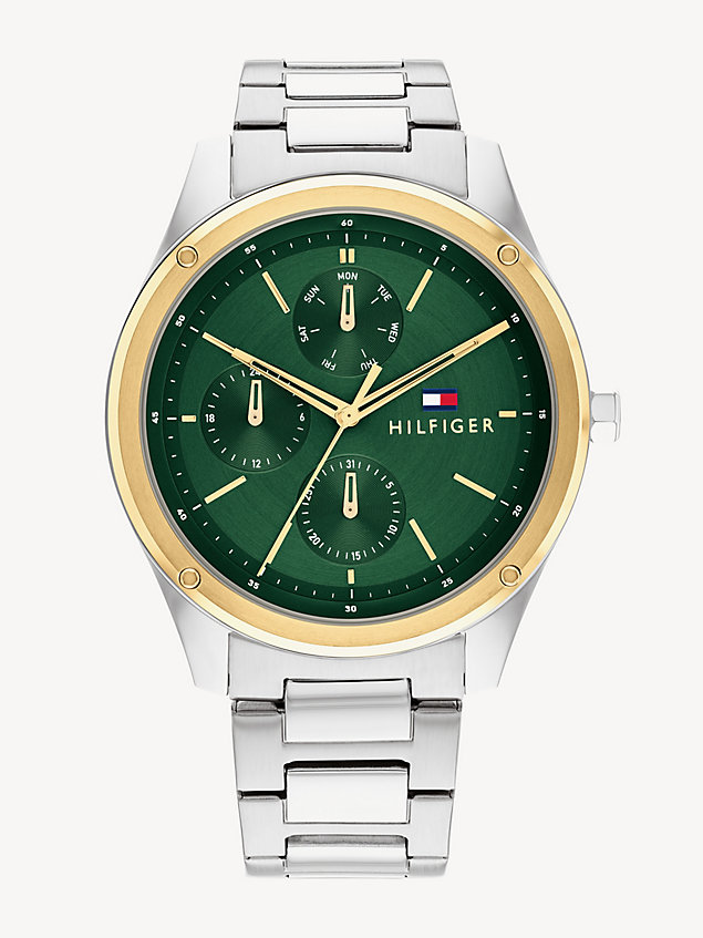 silver green dial stainless steel chain-link watch for men tommy hilfiger