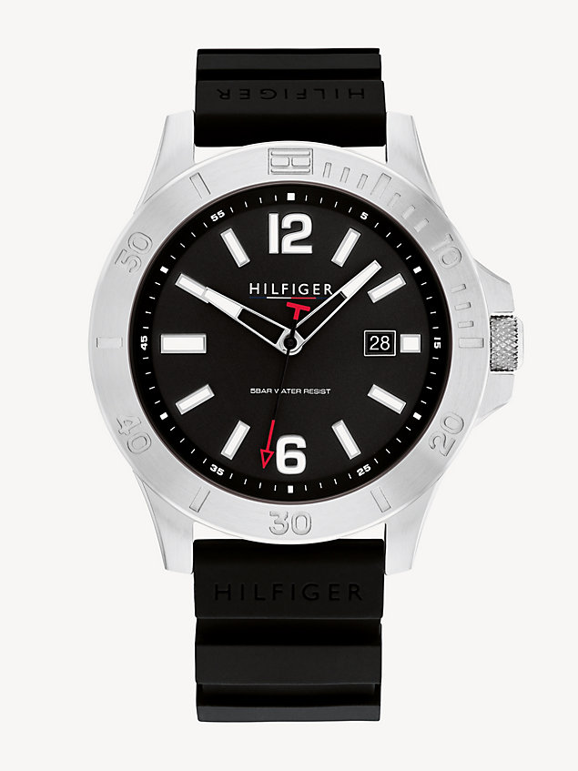 silver stainless steel black silicone strap watch for men tommy hilfiger