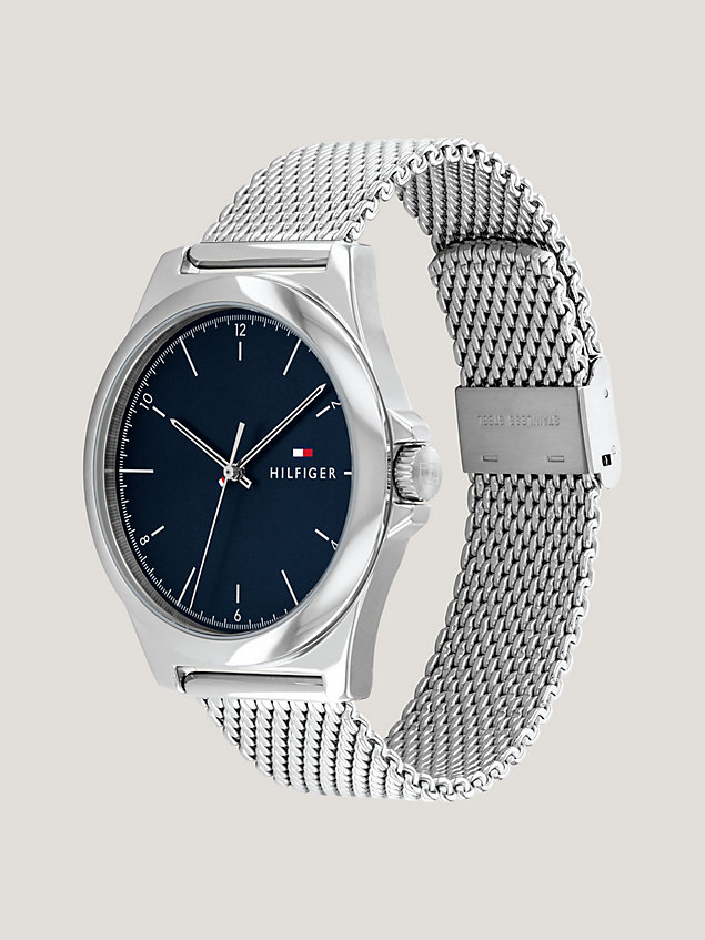 silver mesh strap blue sunray dial watch for men tommy hilfiger