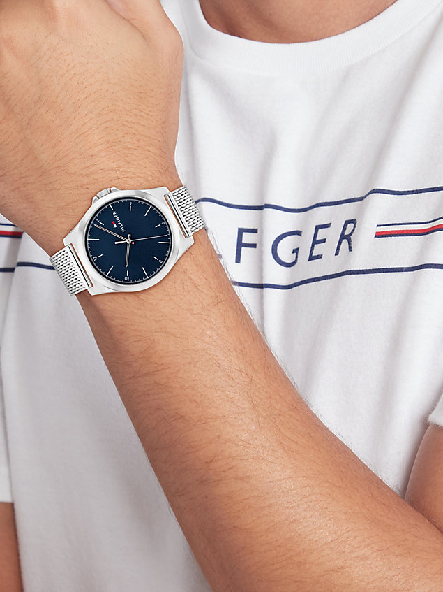 silver mesh strap blue sunray dial watch for men tommy hilfiger