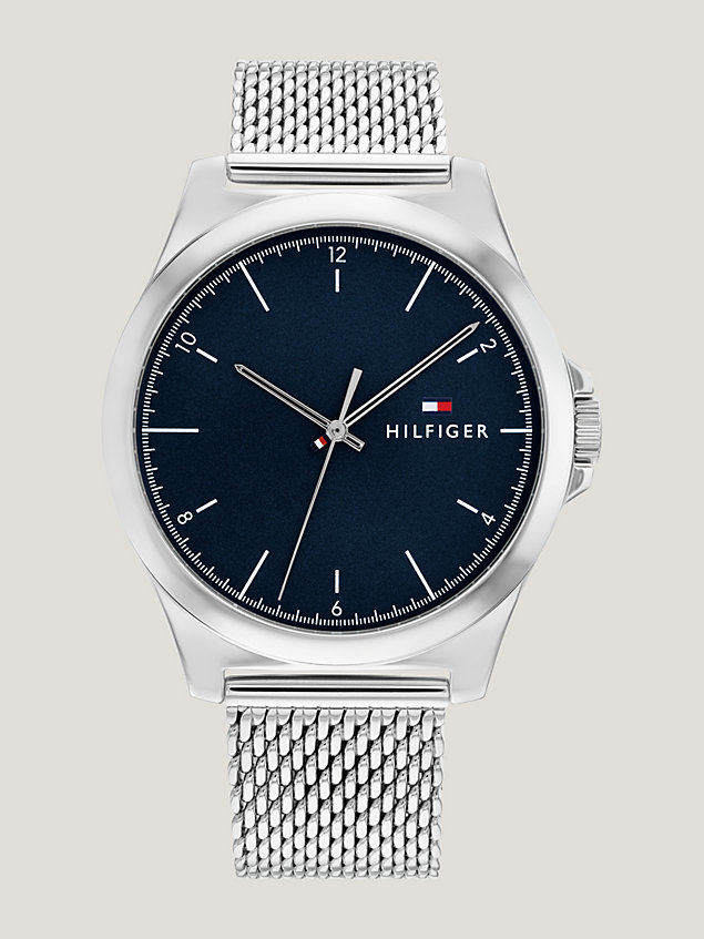 silver zegarek z niebieską tarczą typu sunray dla mężczyźni - tommy hilfiger
